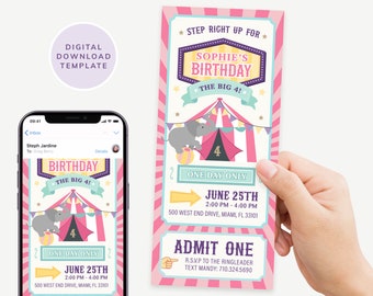 Op de afbeelding: Een roze en paarse circus-thema verjaardagsuitnodiging met een cartoon-olifant, een tent en de tekst "Sophie's Birthday The Big 4!"  25 juni, 14:00 - 16:00 uur, 500 West End Drive, Miami, FL 33101.  RSVP aan de ringmeester Text Mandy: 710.324.5690.