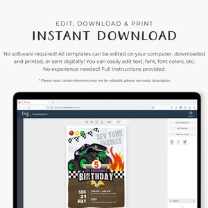 May include: A digital template for a monster truck themed birthday invitation. The invitation features a green and black monster truck with flames, a checkered flag, and the text "Rev Your Engines" and "It's Christian's 5th Birthday".