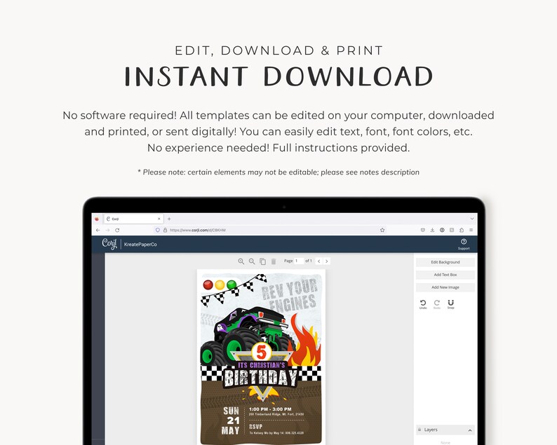 May include: A digital template for a monster truck themed birthday invitation. The invitation features a green and black monster truck with flames, a checkered flag, and the text "Rev Your Engines" and "It's Christian's 5th Birthday".