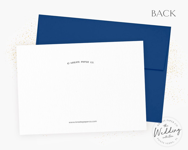 May include: A white card with a navy blue envelope. The card has the text "BACK", "&copy; KREATE PAPER CO." and "www.kreatepaperco.com". The Wedding Collection logo is in the bottom right corner.