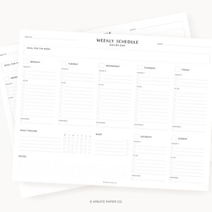 May include: A weekly schedule planner with a daily tracker, notes section, and space for goals and reminders. The planner is printed on white paper with black text.