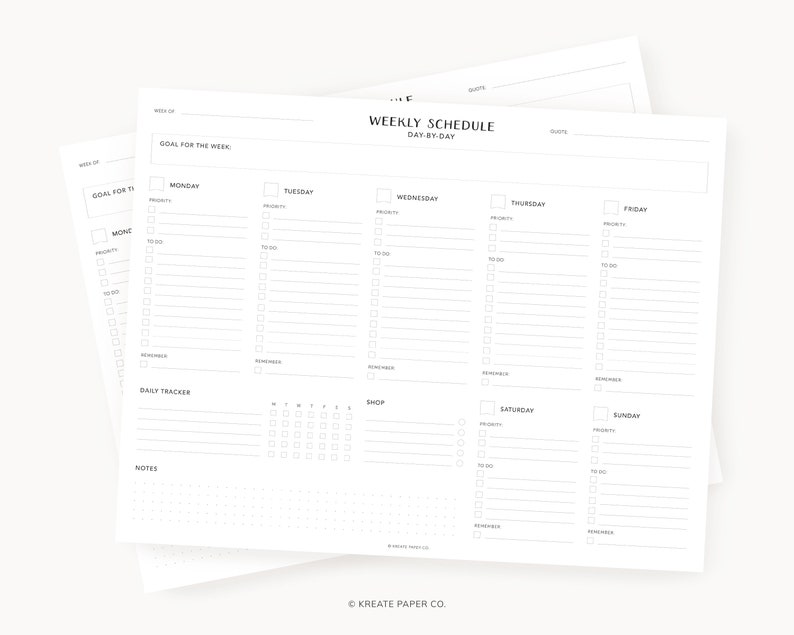 May include: A weekly schedule planner with a daily tracker, notes section, and space for goals and reminders. The planner is printed on white paper with black text.