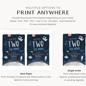 May include: Printable invitation for a second birthday party with a space theme. The invitation features an astronaut, planets, and a rocket ship. The text on the invitation reads "We're going to the moon to celebrate Jackson's 2nd birthday!"