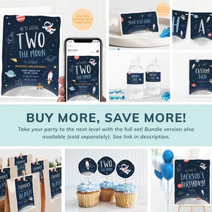 May include: A set of printable party decorations for a second birthday with a space theme. The decorations include invitations, water bottle labels, a banner, a welcome sign, cupcake toppers, and favor bags. The decorations feature a blue, black, and white color scheme with illustrations of planets, stars, rockets, and astronauts.