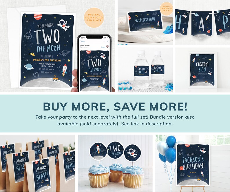 May include: A set of printable party decorations for a second birthday with a space theme. The decorations include invitations, water bottle labels, a banner, a welcome sign, cupcake toppers, and favor bags. The decorations feature a blue, black, and white color scheme with illustrations of planets, stars, rockets, and astronauts.