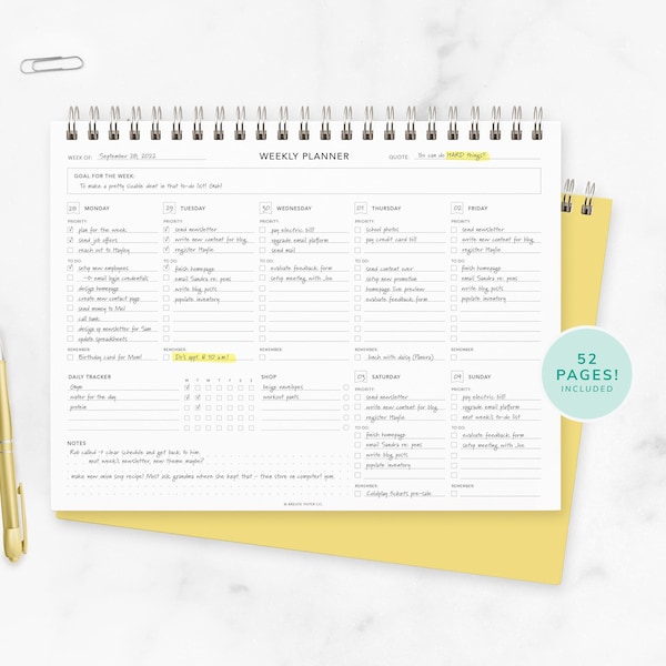 Weekly Planner Notebook - Daily To Do List, Weekly Desk Pad, Undated Planner, Minimalist, Daily Planner, Desk Planner, Wire Spiral Bound