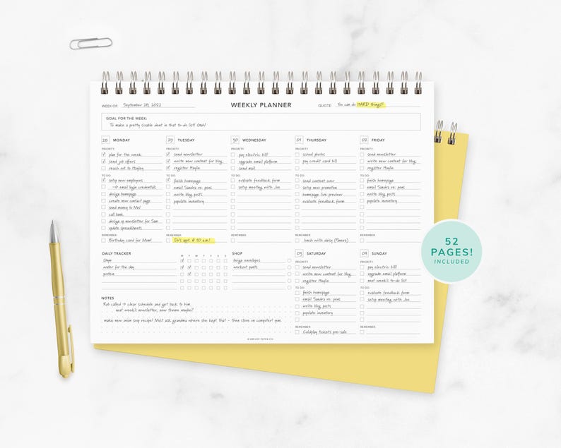 Weekly Planner Notebook, Spiral Bound Notebook that includes a weekly planner split out by the days of the week. Includes 52 pages.