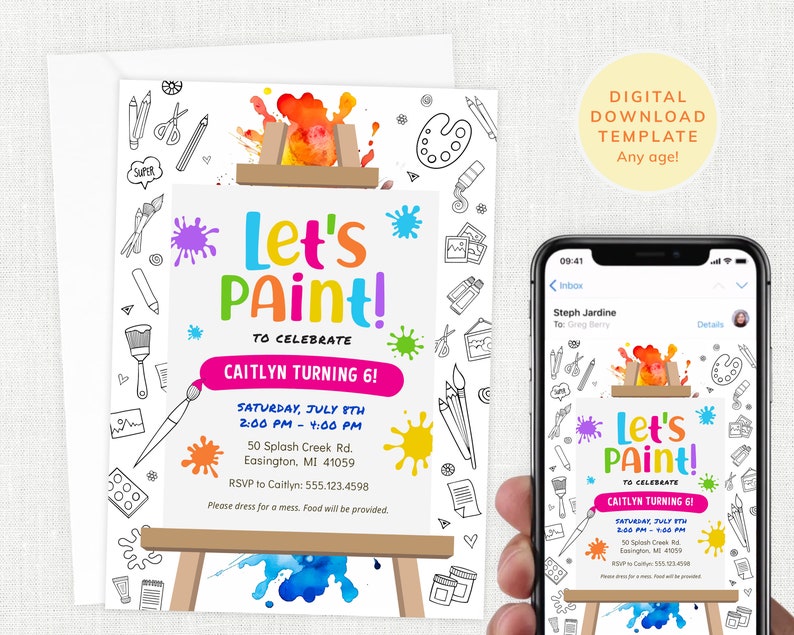 Painting Party Art Birthday Party Invitation Color-In Invite