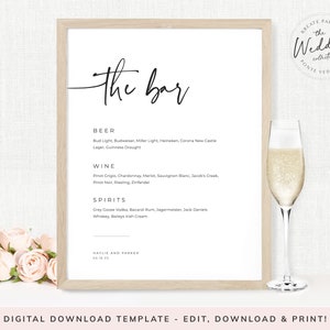 Könnte beinhalten: Ein druckbares Hochzeitsschild für die Bar in Schwarzweiß. Das Schild listet die Getränke auf, die an der Bar erhältlich sind, darunter Bier, Wein und Spirituosen. Der Text auf dem Schild lautet "The Bar", "Beer", "Wine", "Spirits", "Bud Light, Budweiser, Miller Light, Heineken, Corona New Castle", "Lager, Guinness Draught", "Pinot Grigio, Chardonnay, Merlot, Sauvignon Blanc, Jacob's Creek", "Pinot Noir, Riesling, Zinfandel", "Grey Goose Vodka, Bacardi Rum, Jagermeister, Jack Daniels", "Whiskey, Baileys Irish Cream", "Haylie and Parker", "05.18.23".