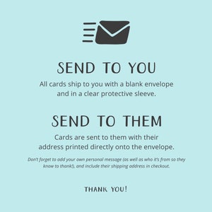 Puede incluir: Un fondo azul claro con un icono de sobre negro y el texto "SEND TO YOU" y "SEND TO THEM". El texto explica que las tarjetas se env&iacute;an al comprador con un sobre en blanco y una funda protectora, y que las tarjetas se env&iacute;an al destinatario con su direcci&oacute;n impresa directamente en el sobre. El texto tambi&eacute;n incluye instrucciones para agregar un mensaje personal y la direcci&oacute;n de env&iacute;o al finalizar la compra. El texto termina con "THANK YOU!"