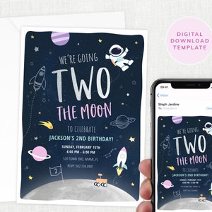 May include: A digital invitation for a second birthday party with a space theme. The invitation features a blue background with stars, planets, and a rocket ship. The text "We're going to the moon to celebrate Jackson's 2nd birthday!" is written in white and pink lettering. The date and time of the party are listed below the text.