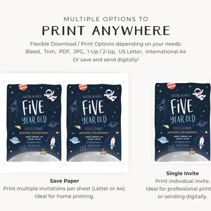 May include: Two printable invitations for a 5-year-old's birthday party with a space theme. The invitations feature a cartoon astronaut, planets, and rockets. The text on the invitations reads "Houston, we have a five year old!" and "Help us celebrate Jackson's 5th birthday!"