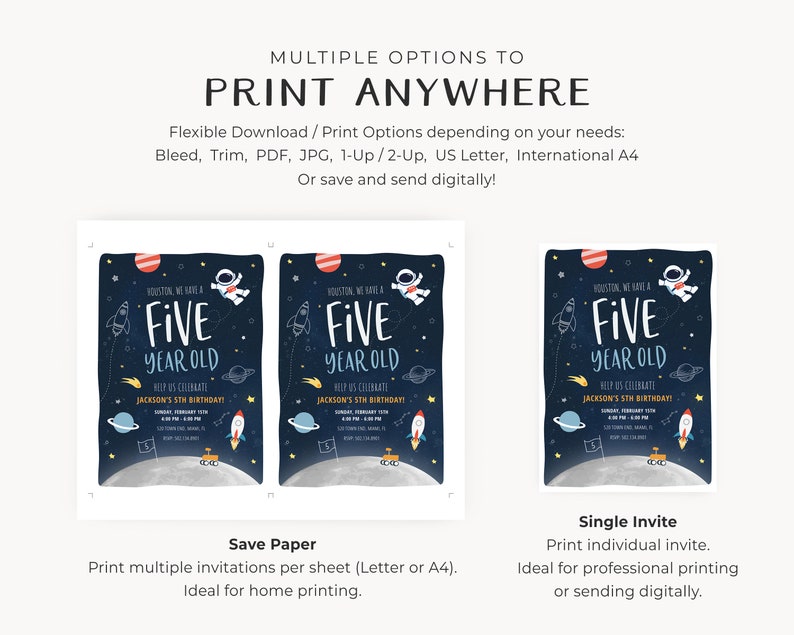 May include: Two printable invitations for a 5-year-old's birthday party with a space theme. The invitations feature a cartoon astronaut, planets, and rockets. The text on the invitations reads "Houston, we have a five year old!" and "Help us celebrate Jackson's 5th birthday!"