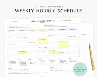 Weekly Hourly Schedule Planner Digital Download - Daily To Do List Scheduler Printable Undated Weekly Planner Minimalist Desk Planner