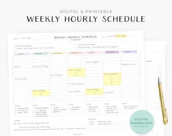 Weekly Hourly Schedule Planner Digital Download - Daily To Do List Scheduler Printable Undated Weekly Planner Minimalist Desk Planner