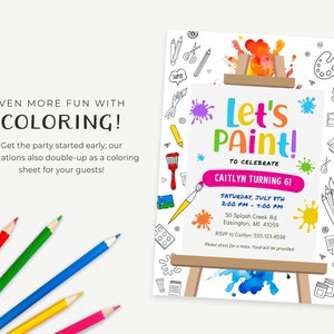 K&ouml;nnte beinhalten: Eine farbenfrohe Einladung zu einer Kindergeburtstagsparty mit dem Text "Let's Paint!" und einem Pinsel, einer Farbpalette und anderen Kunstmaterialien. Die Einladung ist so konzipiert, dass sie von den G&auml;sten ausgemalt werden kann. Die Party ist zur Feier von Caitlyns 6. Geburtstag. Die Party findet am Samstag, den 8. Juli von 14:00 bis 16:00 Uhr in der 50 Splash Creek Rd., Easington, MI 41059 statt. RSVP an Caitlyn unter 555.123.4598. Bitte kleiden Sie sich f&uuml;r Unordnung. Essen wird bereitgestellt.