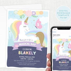 May include: A printable invitation for a 5th birthday party with a unicorn, rainbow, and flowers. The invitation says "Please join us for a magical day celebrating Blakely".