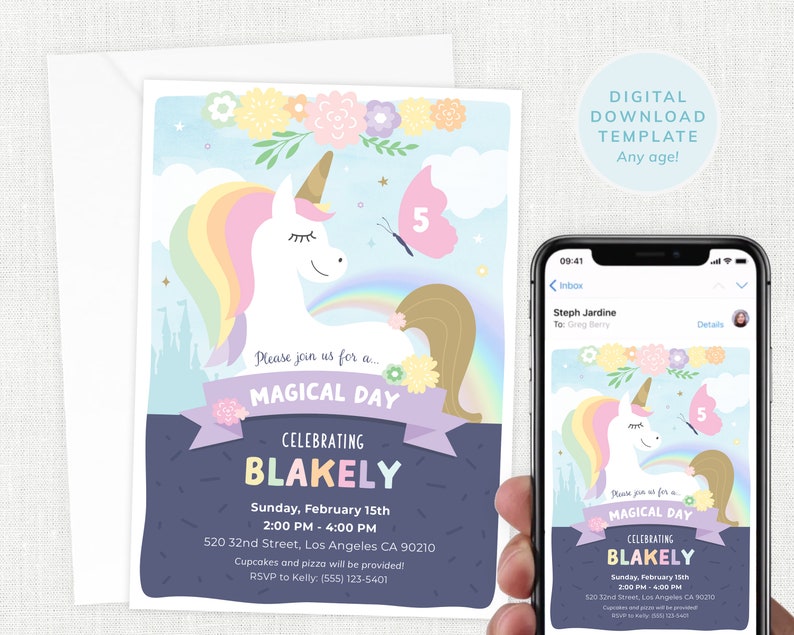 May include: A printable invitation for a 5th birthday party with a unicorn, rainbow, and flowers. The invitation says "Please join us for a magical day celebrating Blakely".