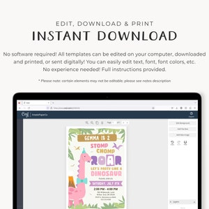May include: Editable digital invitation for a dinosaur themed birthday party. The invitation features a pink dinosaur with a bow tie, green leaves, and the text "Gemma is 2, Stomp Chomp Roar, Let's Party Like a Dinosaur".