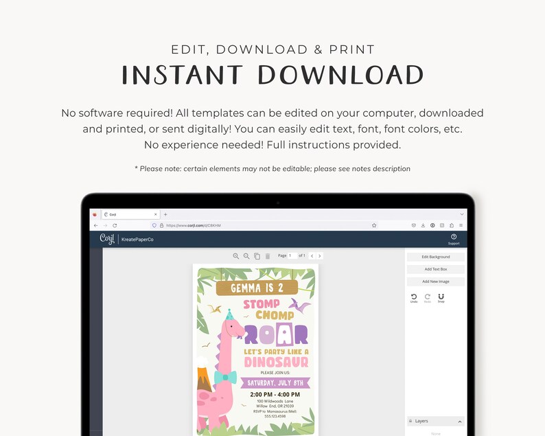 May include: Editable digital invitation for a dinosaur themed birthday party. The invitation features a pink dinosaur with a bow tie, green leaves, and the text "Gemma is 2, Stomp Chomp Roar, Let's Party Like a Dinosaur".