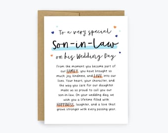 To My Son-in-Law on his Wedding Day, Card to Son in law on His Wedding, Groom, From new in-laws, Heartfelt Card, Sentimental, Keepsake