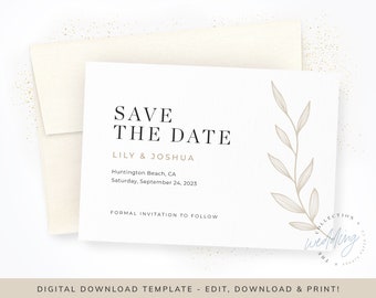 Modern Floral Save The Date, Elegant Invite, Luxury, Neutral Invitation, Template, Wedding Announcement, Printable, Editable, #LILY