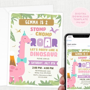 Pink Dinosaur Birthday Invitation, Girls Dinosaur Party Invite