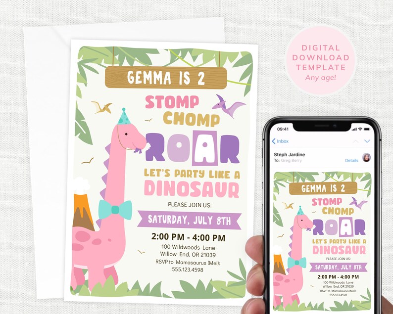 Pink Dinosaur Birthday Invitation, Girls Dinosaur Party Invite