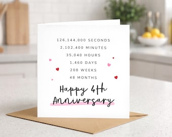 4th Anniversary Card, 4 Years, For Her, Wife, Girlfriend, Anniversary Gift, For Husband, Boyfriend, Fourth, Counting, Large Square Card