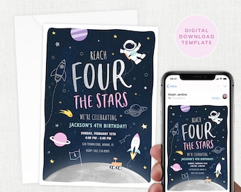 Reach Four The Stars Invitation, Space Birthday Invitation Girl, 4 Year Old Birthday Party, 4th, Invite, Digital Download Printable, #KP017