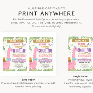 May include: Printable dinosaur birthday party invitation featuring a pink dinosaur with a purple hat and a blue bow tie. The invitation says "Gemma is 2 Stomp Chomp Roar Let's Party Like a Dinosaur" and includes the date and time of the party. The invitation is available in multiple print options, including save paper and single invite.