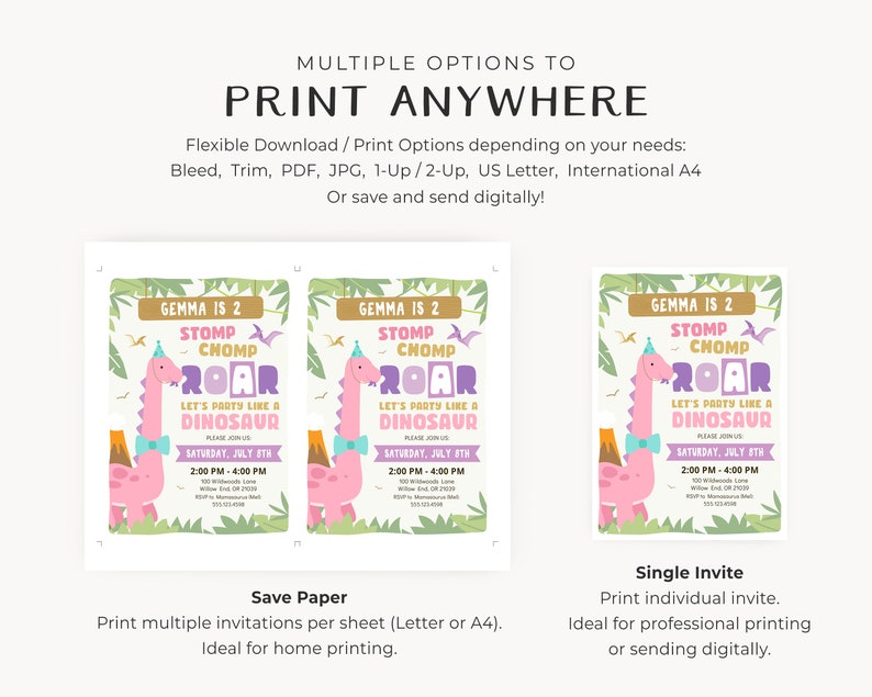 May include: Printable dinosaur birthday party invitation featuring a pink dinosaur with a purple hat and a blue bow tie. The invitation says "Gemma is 2 Stomp Chomp Roar Let's Party Like a Dinosaur" and includes the date and time of the party. The invitation is available in multiple print options, including save paper and single invite.