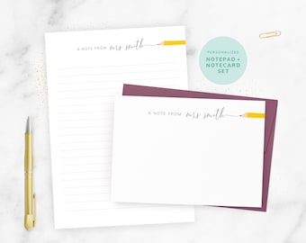 Personalized Teacher Notecard and Notepad Set, Teacher Stationery, Teachers Note, Flat Notecards, Teacher Notepad, Teacher Appreciation Gift