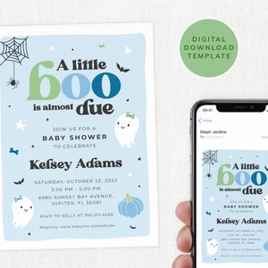 Baby Shower Halloween Invitation, Little Boo is Almost Due, Digital Baby Shower Invite, Baby Boy Shower, Cute Baby Shower, Ghost, Editable