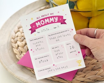 All About My Mommy Card, Mother's Day or Birthday Card from Kids, Fill-in-the-Blank Keepsake for Mom, Interactive Card from Son or Daughter