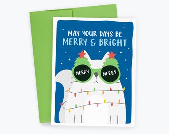Funny Cat Christmas Card, Merry Cat, Merry & Bright Christmas, Funny Christmas Card, Cat Christmas Cards, Cat Lover Holiday Gift, Crazy Cat