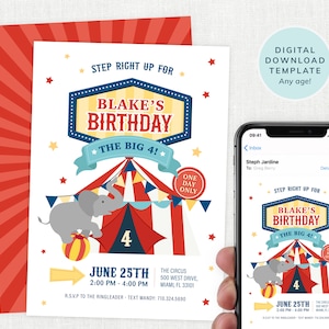 Carnival Birthday Invitation with Back, Circus Birthday Invites, Kids Carnival Invite, Printable Editable Template, Digital Download, #KP031