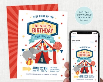 Carnival Birthday Invitation with Back, Circus Birthday Invites, Kids Carnival Invite, Printable Editable Template, Digital Download, #KP031