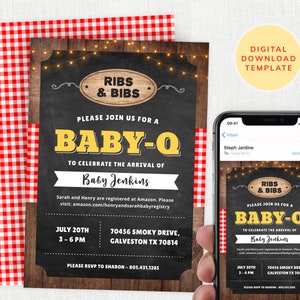 Invito Baby-Q, Invito barbecue per baby shower, barbecue, festa barbecue per bambini, bavaglini e costolette, Baby Q, Baby Sprinkle, download istantaneo, modificabile #KP098