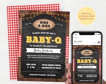 May include: A digital printable baby shower invitation with a chalkboard background and a rustic wooden frame. The invitation features the text "Ribs & Bibs" and "Baby-Q" in yellow and white. The invitation also includes the date, time, and location of the event.