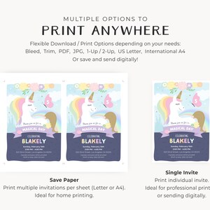 May include: Two printable invitations for a unicorn-themed birthday party. The invitations feature a cartoon unicorn with a rainbow mane and tail, a butterfly, and a castle. The text on the invitations reads "Please join us for a Magical Day Celebrating Blakely".