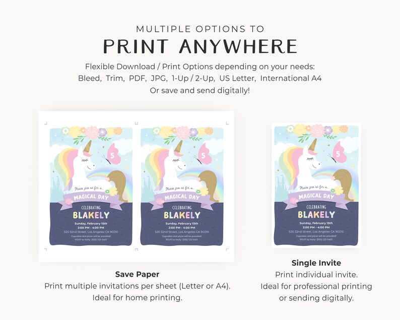 May include: Two printable invitations for a unicorn-themed birthday party. The invitations feature a cartoon unicorn with a rainbow mane and tail, a butterfly, and a castle. The text on the invitations reads "Please join us for a Magical Day Celebrating Blakely".