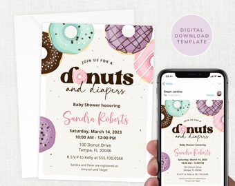 Donuts and Diapers Baby Shower Invite, Baby Sprinkle Invitation, Girl, Pink, Printable, Editable Donut Instant Download Digital File, #KP008