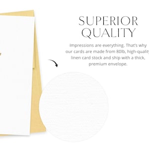 May include: A white card with a small gold heart in the top left corner. The card is on top of a brown envelope. The text "SUPERIOR QUALITY" is in black text at the top of the image. The text below reads "Impressions are everything. That's why our cards are made from 80lb, high-quality linen card stock and ship with a thick, premium envelope."