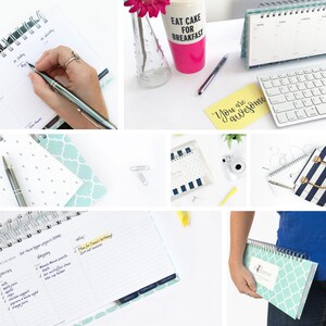 K&ouml;nnte beinhalten: Eine Sammlung von B&uuml;roartikeln und Zubeh&ouml;r, darunter ein rosa Becher mit dem Text "Eat Cake for Breakfast", ein gelber Haftnotiz mit dem Text "You are awesome", ein blau-wei&szlig; gemusterter Planer, ein silberner Stift, eine wei&szlig;e Tastatur und ein blau-wei&szlig; gemustertes Notizbuch.
