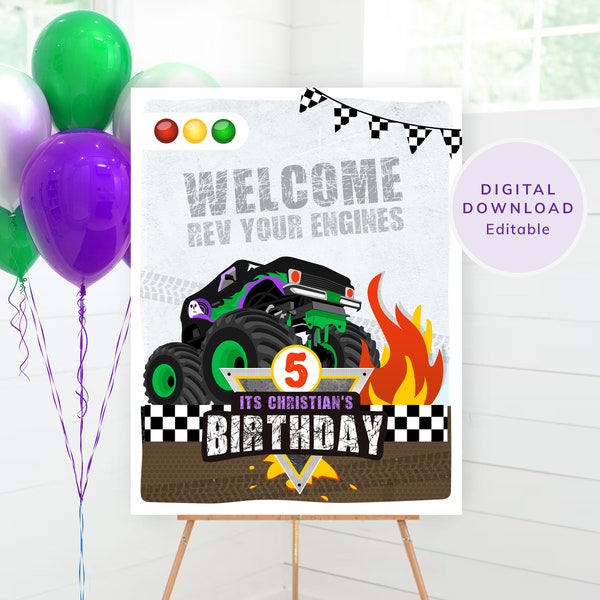 Monster Truck Welcome Sign Poster Monster Jam Trucks Themed Party Birthday Decor Instant Download #KP042