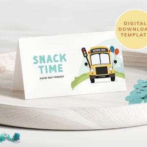 Tarjetas de tienda de comida de autobús escolar amarillo, etiqueta de comida de autobús decoración de cumpleaños de signo temático, editable, descarga instantánea, #KP022