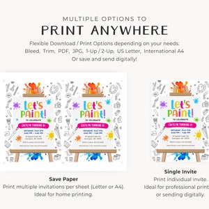 K&ouml;nnte beinhalten: Druckbare Einladung zu einer Kindergeburtstagsparty mit einem Malthema. Die Einladung zeigt eine farbenfrohe Farbpalette, Pinsel und den Text "Let's Paint!" mit dem Namen und dem Alter des Kindes. Die Einladung ist in verschiedenen Druckoptionen erh&auml;ltlich, darunter Papiersparen und Einzelinvitation.