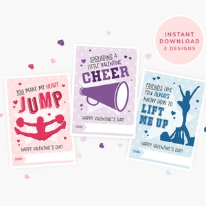 Cheer Valentine Cards stampabili, Valentines Cheer, Tag stampabili di Cheerleader Valentine, Squadra di Cheerleader della scuola in aula, Download digitale fai da te