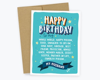 Husband Birthday Card - Happy Birthday to my Husband, Qualities List, Soul Mate, Favorite Person, For Him, Personalized Card